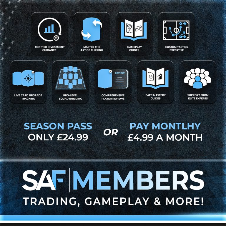 SAF Members Club benefits: trading guidance, flipping, gameplay, tactics and squad help. £4.99 monthly or £24.99 Season Pass.